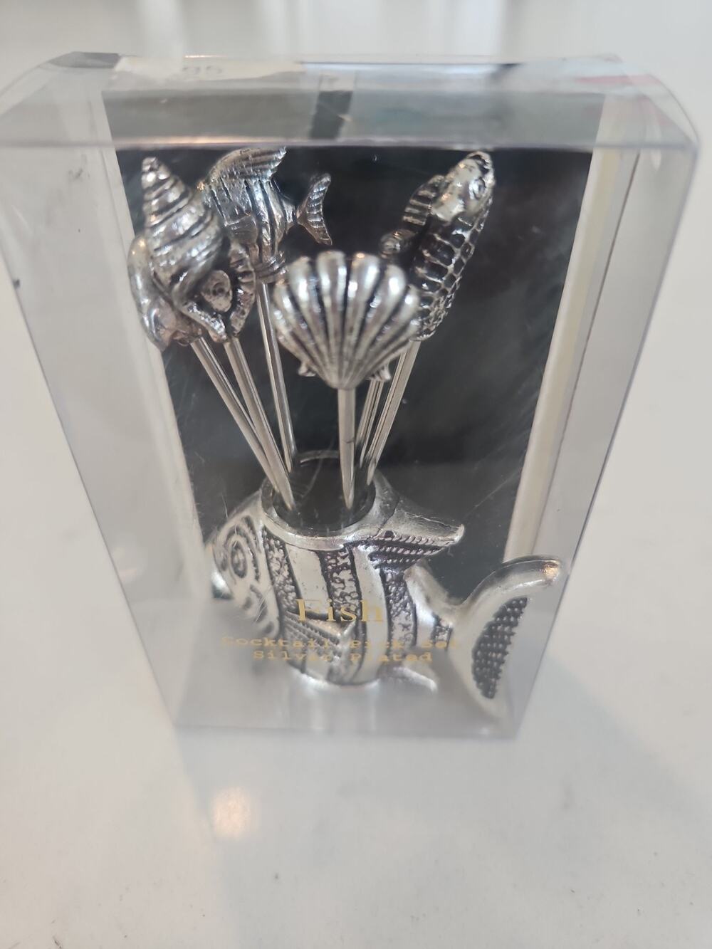 Spain Silver Plated Cocktail Appetizer Hors D' Oeuvre Fish Holder & 6 Mini Forks